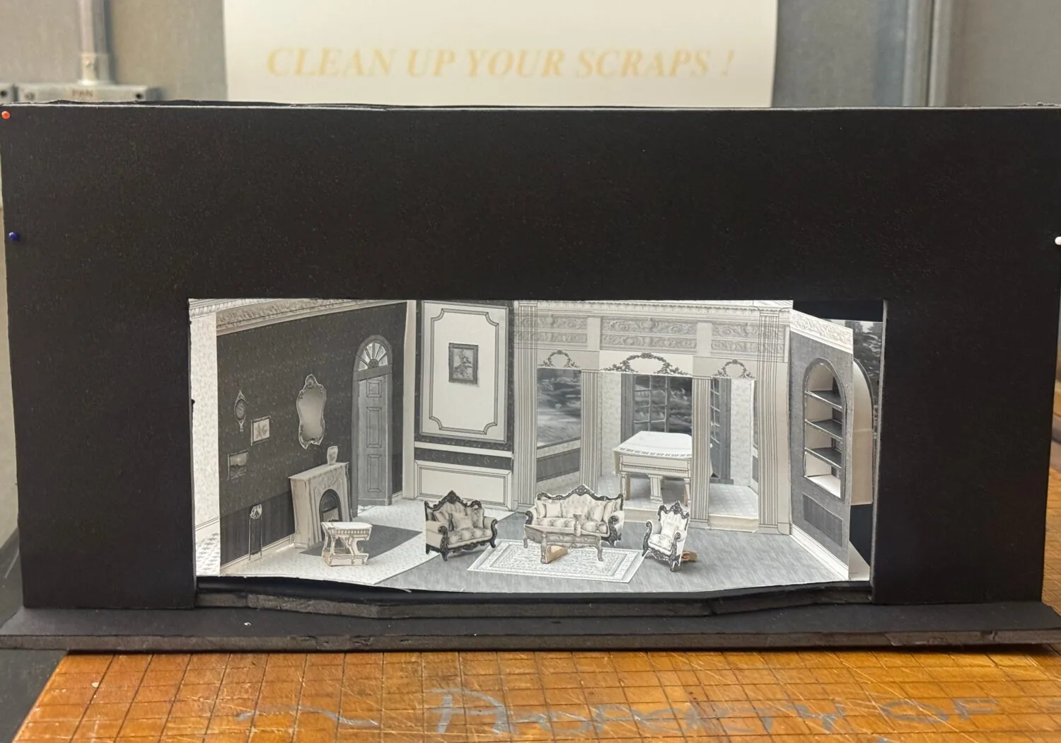Original Blithe Spirit project introduction image showing the completed scenic model