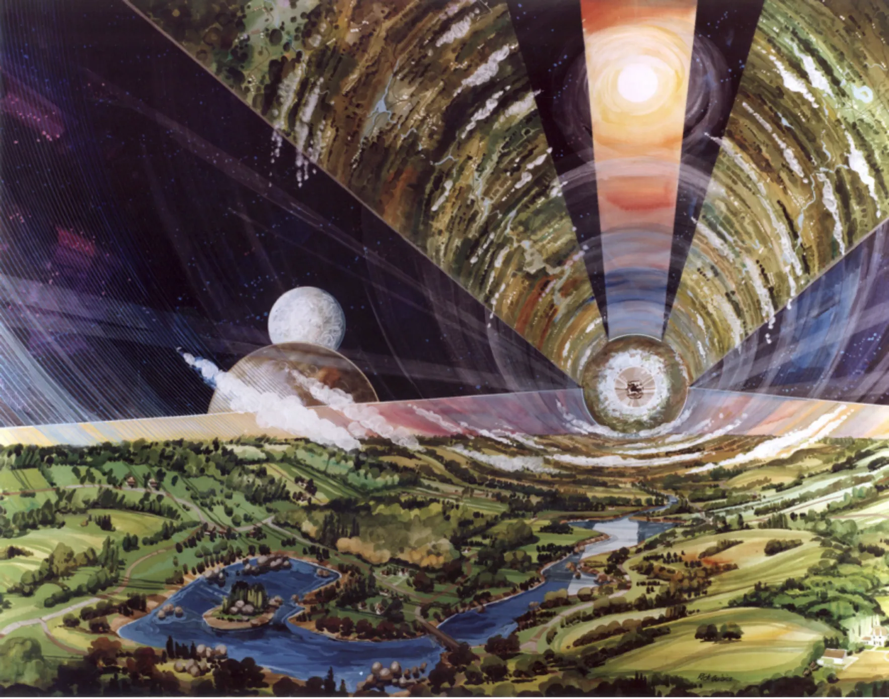 Concept artwork of a rotating space colony above a landscape