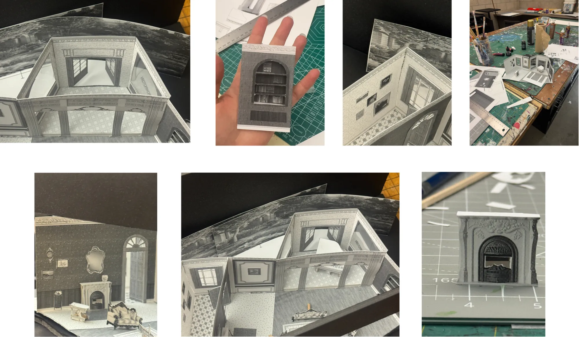 Collage documenting paper model construction and scenic detail tests