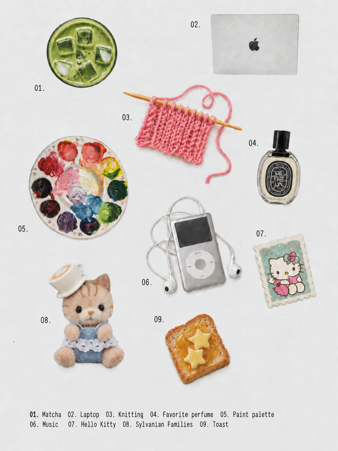 Annie’s essentials: Matcha, Laptop, Knitting, Favorite perfume, Paint palette, Music, Hello Kitty, Sylvanian Families, and Toast