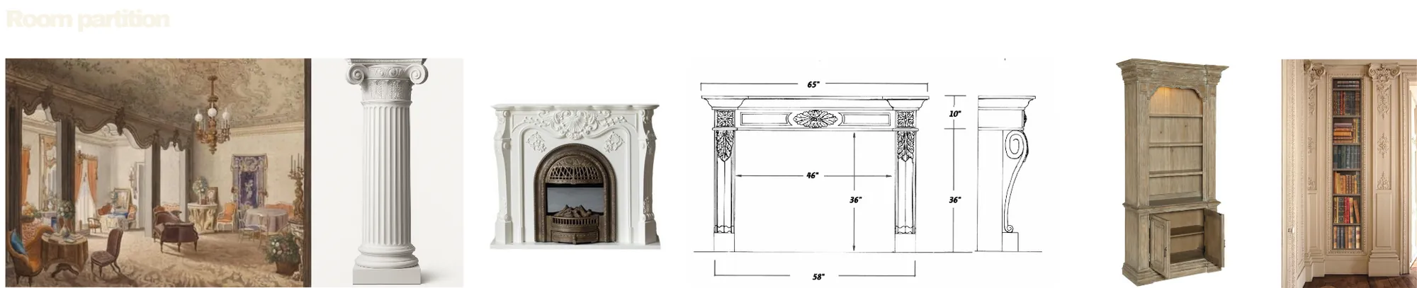Reference board for room partitions, fireplace, and bookcase
