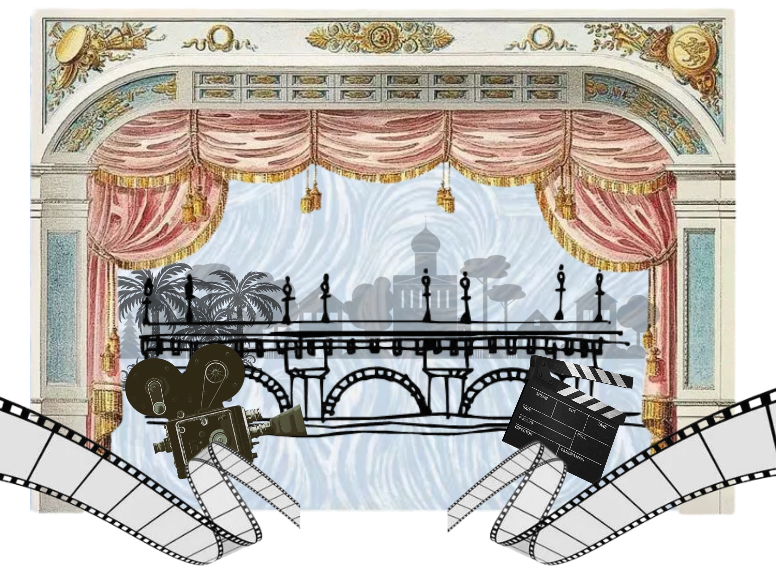 Concept collage: theater, film, and campus motifs