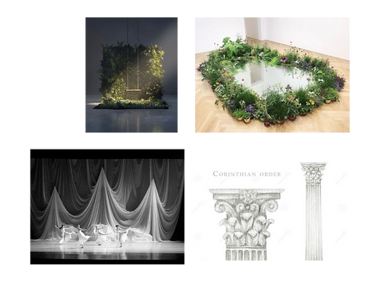 Water, vegetation, drapery and classical architecture references