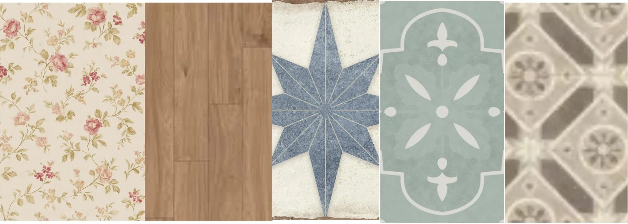 Floral, wood, and patterned floor material samples