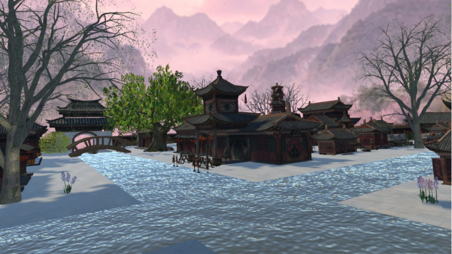 Cross-shaped waterways organize the town into four connected areas.