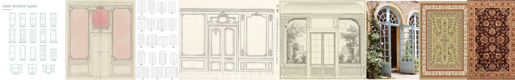 Reference board for windows, wall decorations, French doors, and carpet