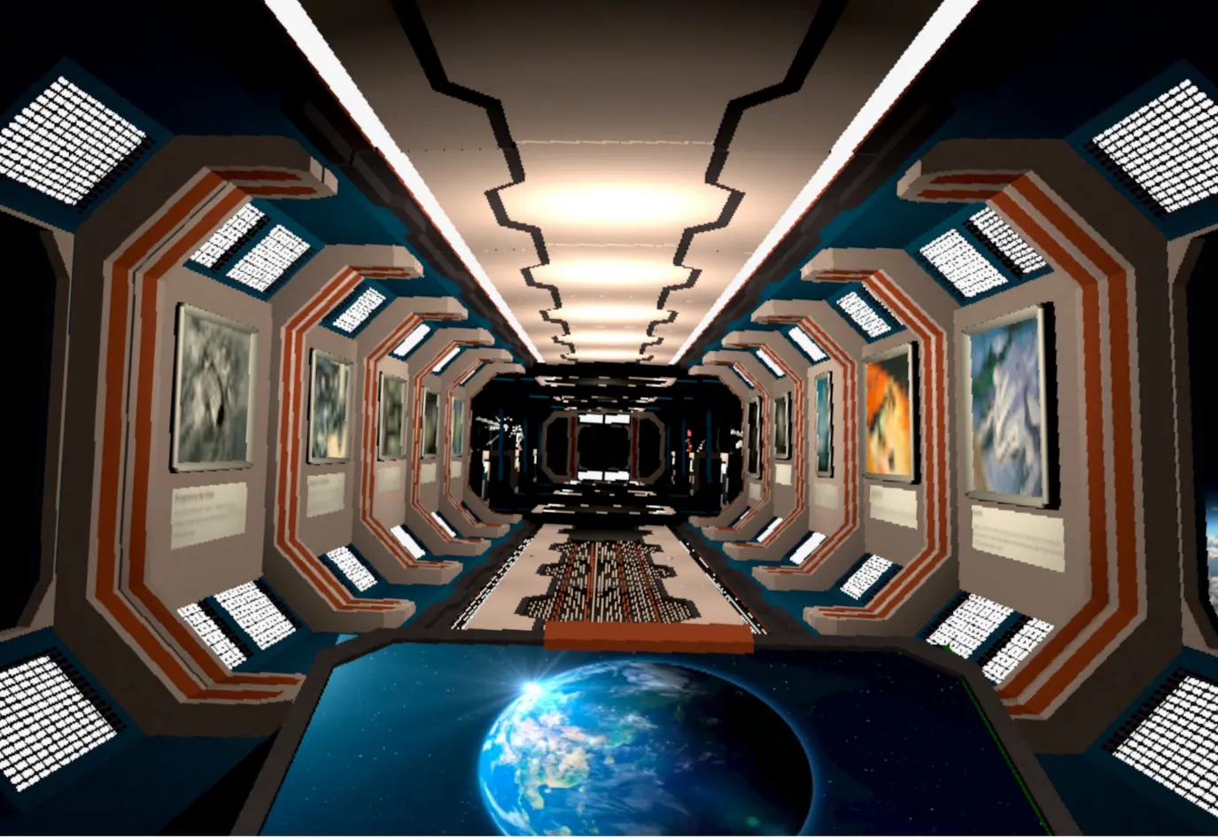 Interior view of the VR museum corridor with Earth visible through its windows