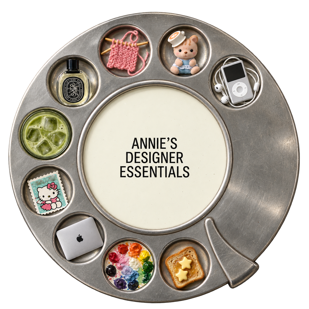 Annie’s Designer Essentials — personal objects arranged in a silver tray