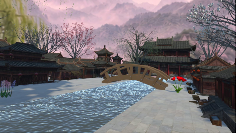 Small bridges connect the canal paths and market streets.