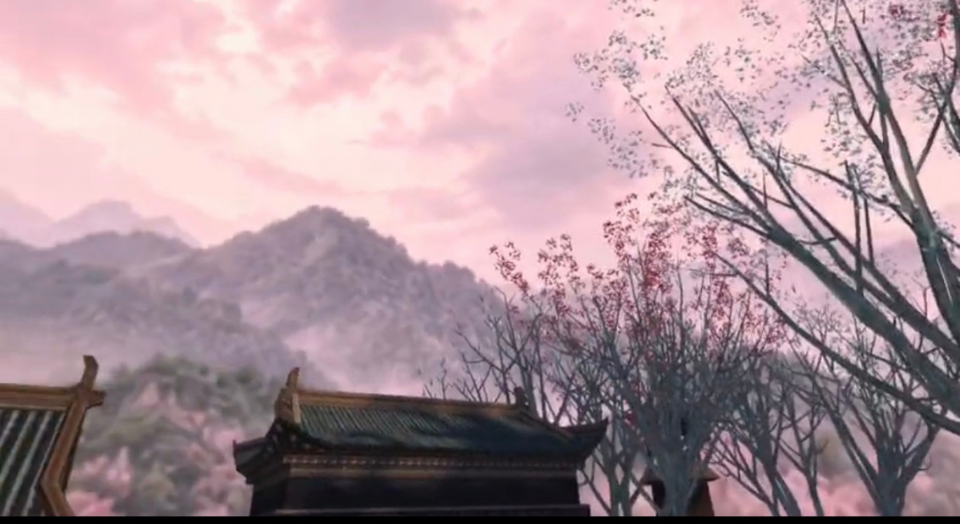 A pink sky, distant mountains, and falling petals shape the spring atmosphere.